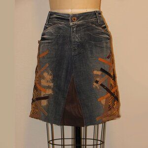 Upcycled Short Denim Skirt w/Leather Accents